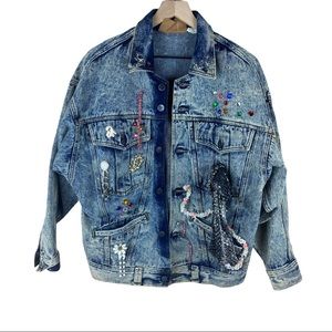 Vintage Palmetto Embellished Customized Jean Denim Jacket 1980s Stonewashed Med